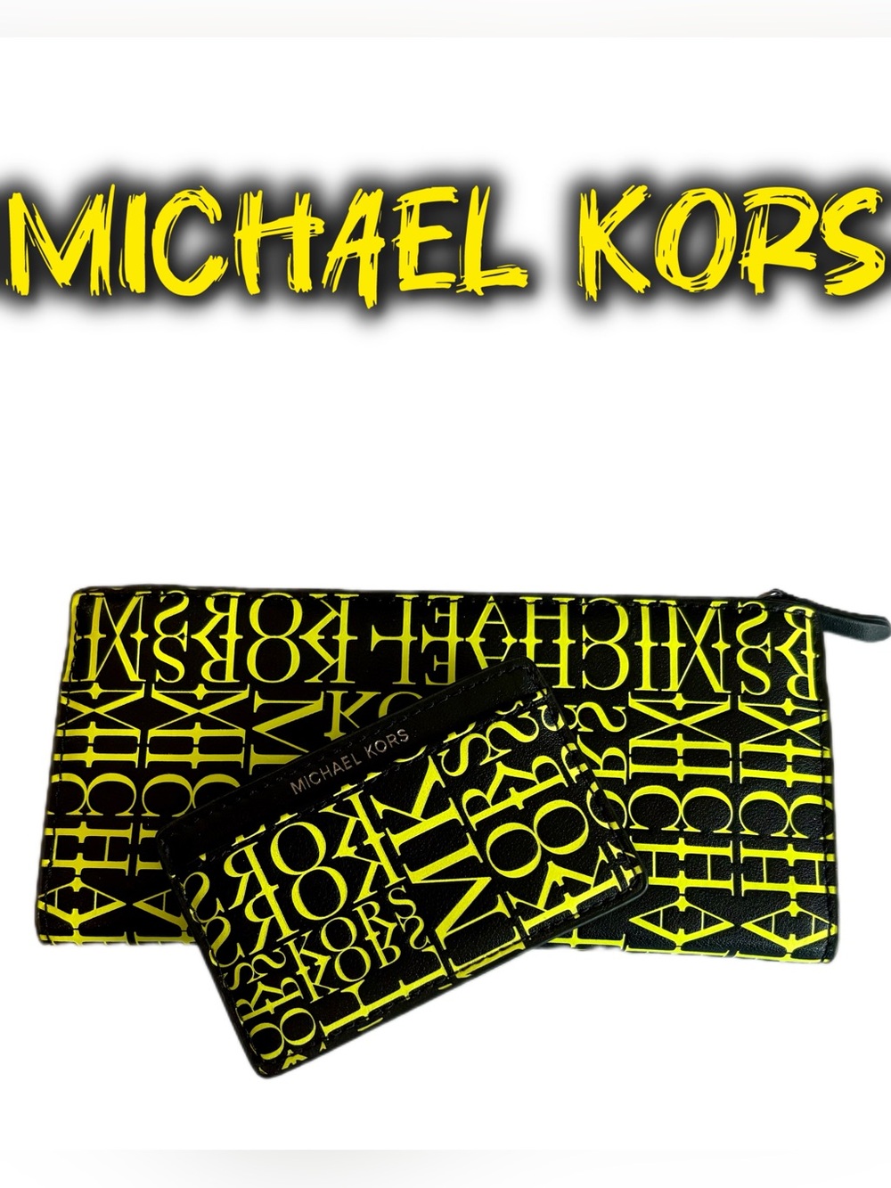 Michael Kors “Money Pieces” Black & Neon Yellow Zip Wallet and Card Case